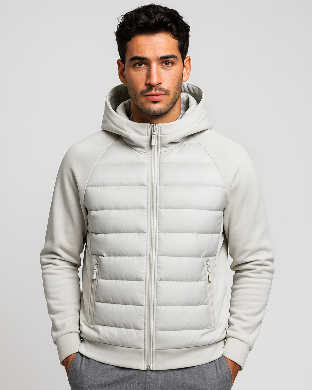 Hættejakke til mænd i hybrid-softshell – let lag til efterår og vinter, velegnet til hverdagsbrug