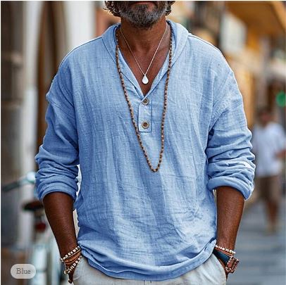 Men’s Long Sleeve Linen V-Neck Casual Summer Shirt