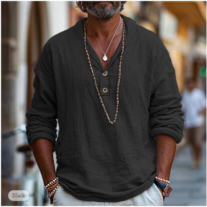 Men’s Long Sleeve Linen V-Neck Casual Summer Shirt