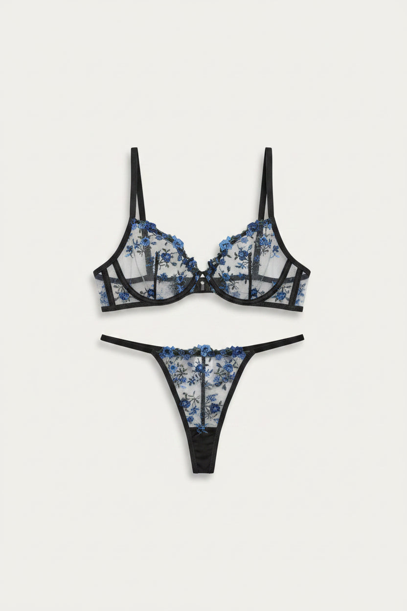 Women’s Embroidered Mesh Bra and Thong Set – Underwired Two-Piece Lingerie