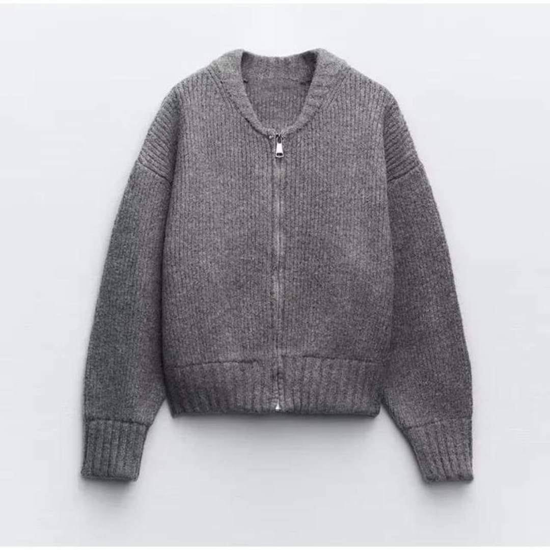 Women’s Zip-Front Knitted Cardigan – Crew Neck Layer for Autumn and Winter