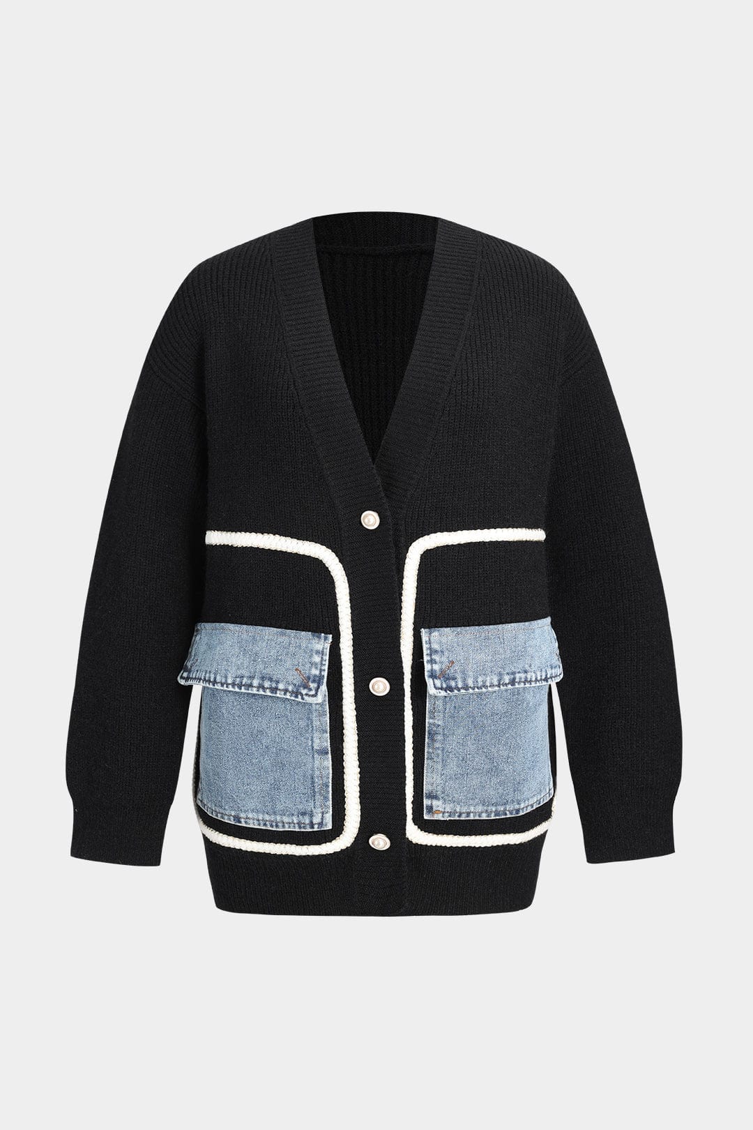 Ella Noir Women’s Knitted Cardigan with Denim Pocket Details for Effortless Everyday Style