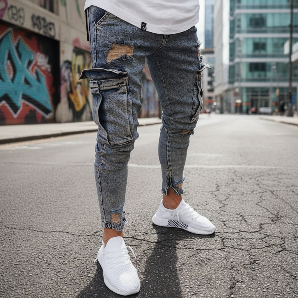 Herre Taperede Denim Cargo Bukser – Utility Streetwear med Lårlommer