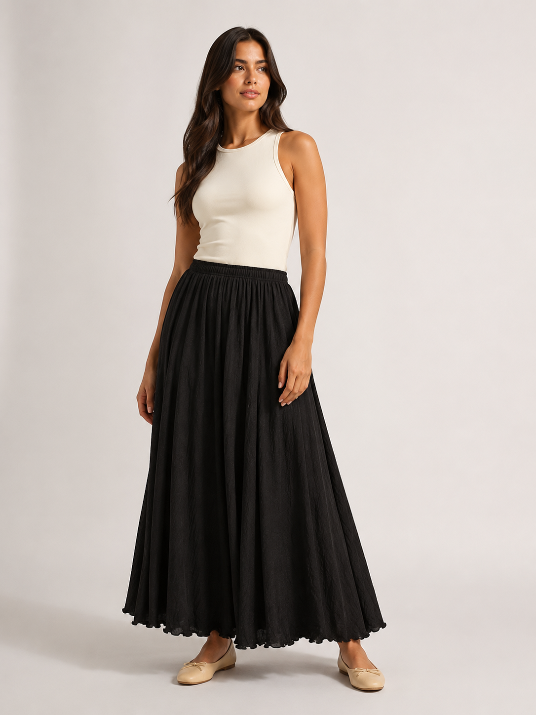 Women’s Linen-Blend A-Line Maxi Skirt – High-Waisted Gathered Design with Cotton Lining for Summer and Holiday Wear