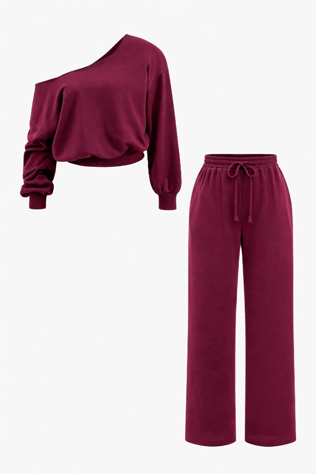 Tweedelige loungewearset voor dames met blote schouders - cropped sweatshirt met lange mouwen en broek met wijde pijpen en trekkoord voor een casual look voor elke dag