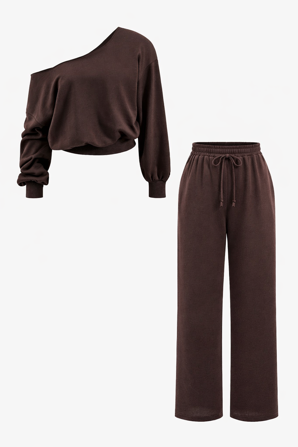 Tweedelige loungewearset voor dames met blote schouders - cropped sweatshirt met lange mouwen en broek met wijde pijpen en trekkoord voor een casual look voor elke dag