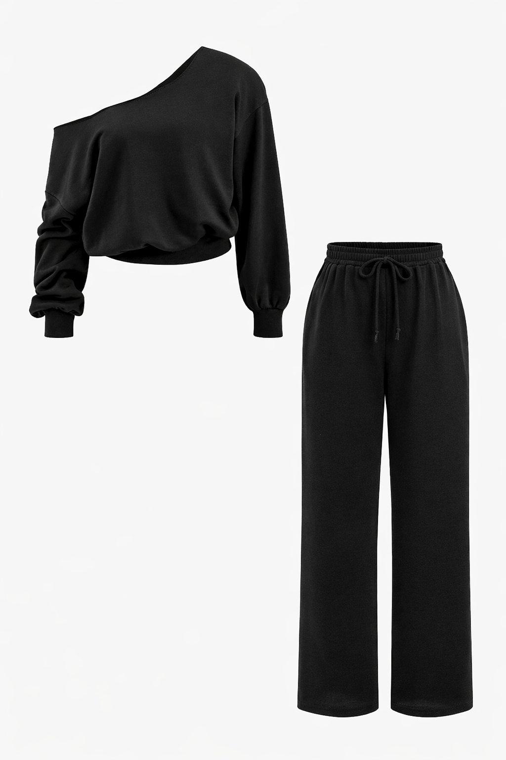 Tweedelige loungewearset voor dames met blote schouders - cropped sweatshirt met lange mouwen en broek met wijde pijpen en trekkoord voor een casual look voor elke dag