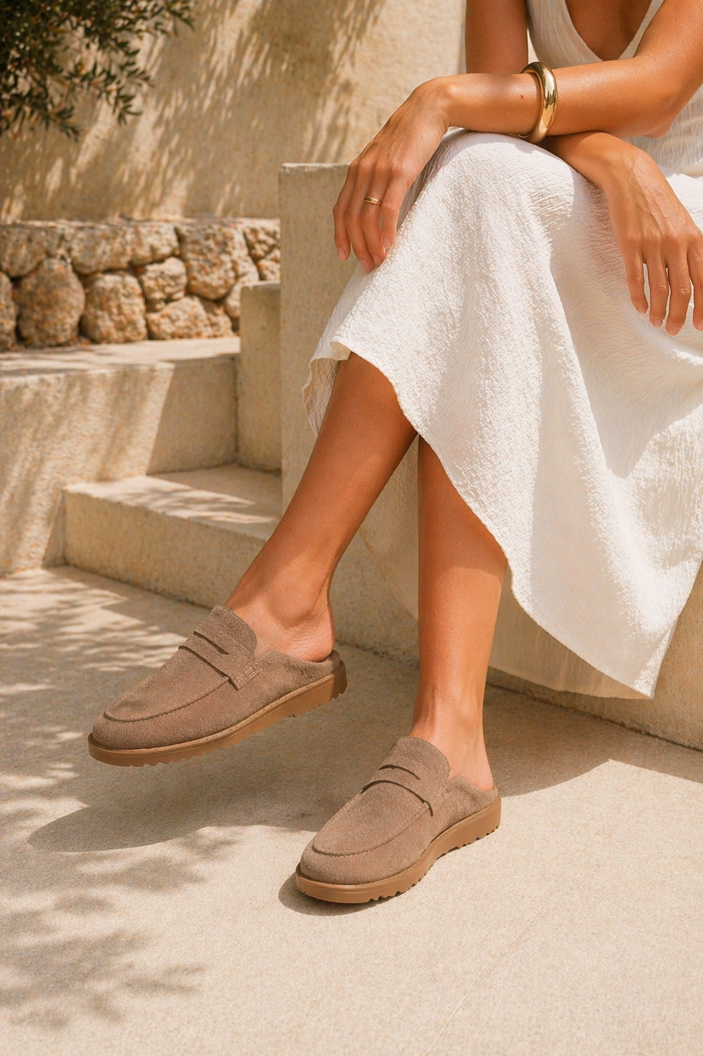 Damesuede slip-on mule loafers med komfortsål