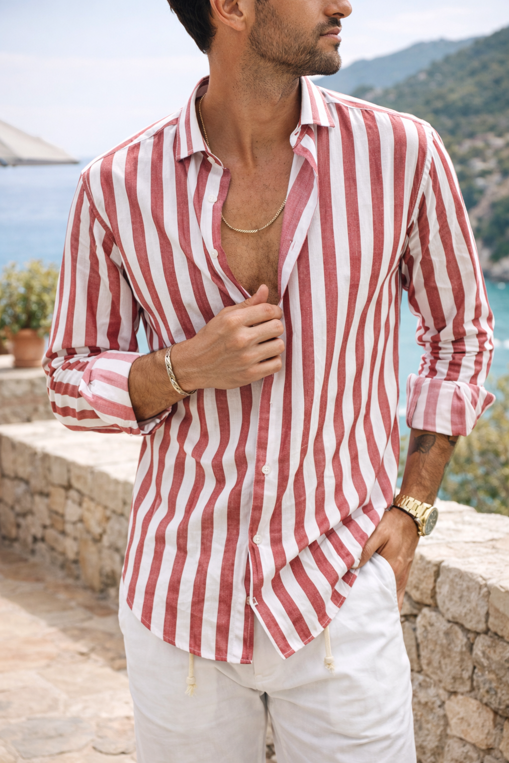 Men’s Striped Button Shirt Long Sleeve Resort Style