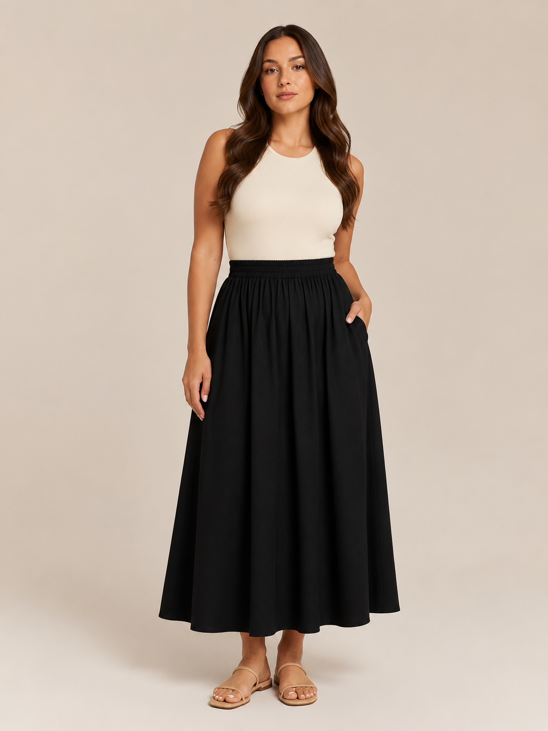 Women’s Elasticated A-Line Midi Skirt – High-Waisted Flowing Design with Soft Pleats and Pockets for Work and Everyday Wear