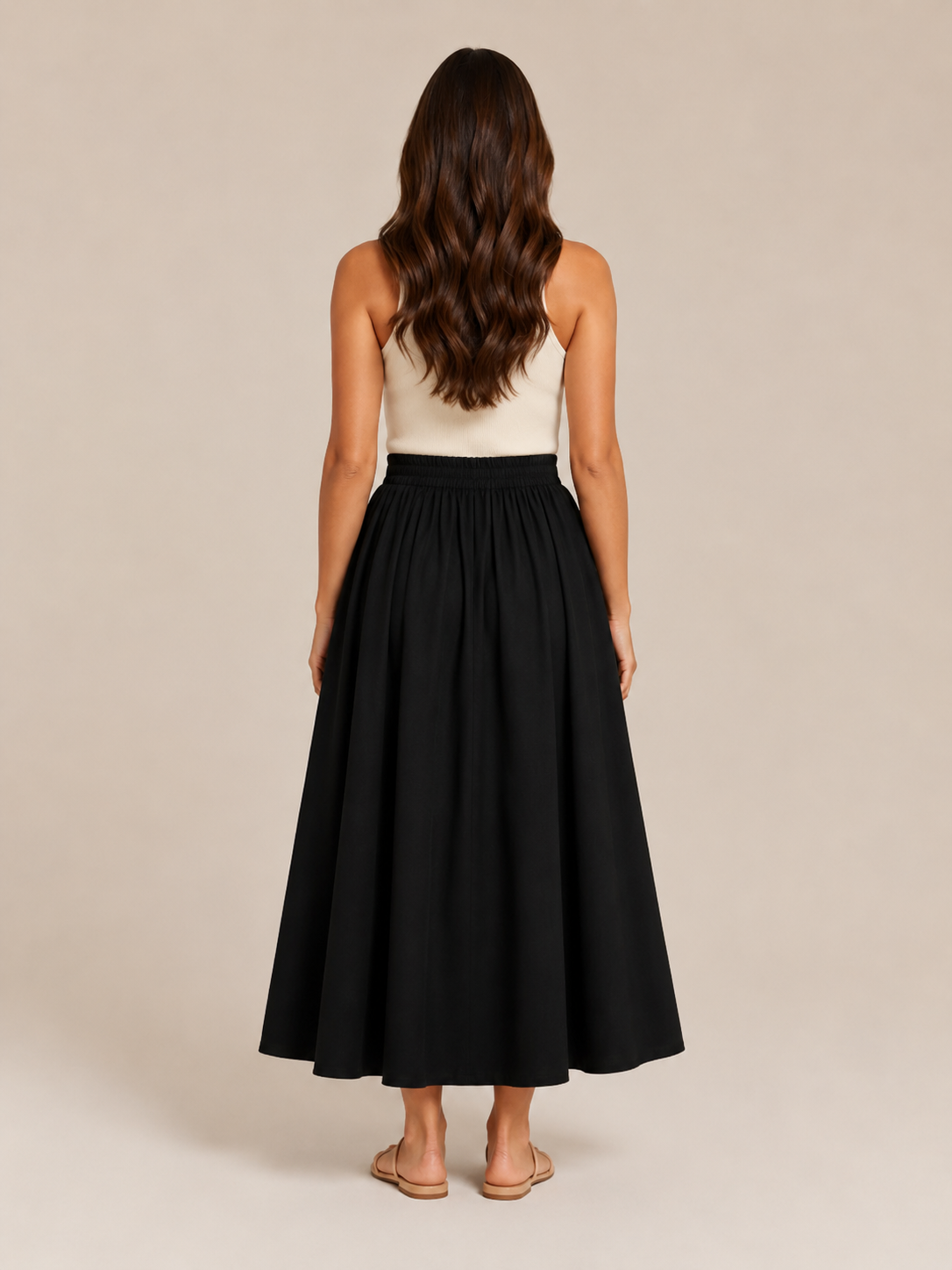 Women’s Elasticated A-Line Midi Skirt – High-Waisted Flowing Design with Soft Pleats and Pockets for Work and Everyday Wear