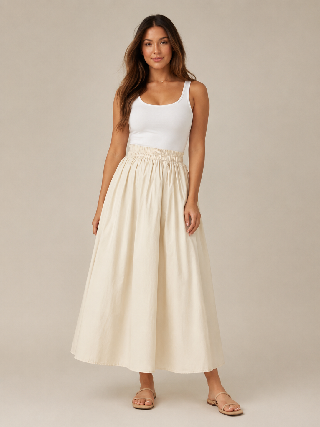 Women’s Elasticated A-Line Midi Skirt – High-Waisted Flowing Design with Soft Pleats and Pockets for Work and Everyday Wear