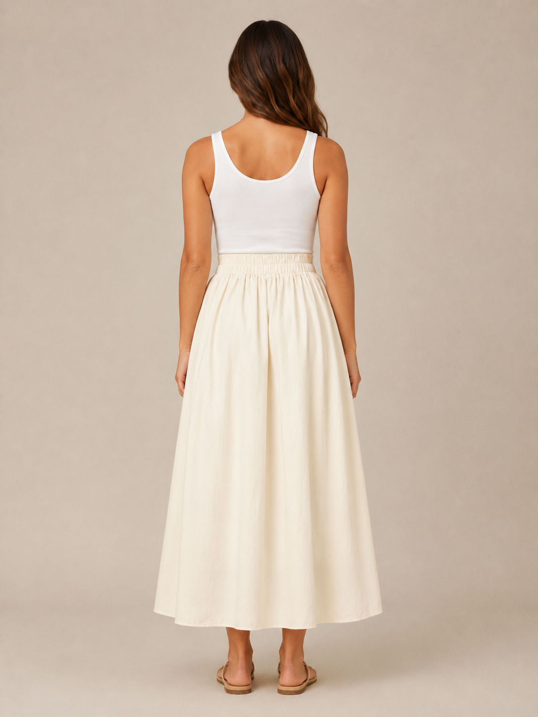 Women’s Elasticated A-Line Midi Skirt – High-Waisted Flowing Design with Soft Pleats and Pockets for Work and Everyday Wear