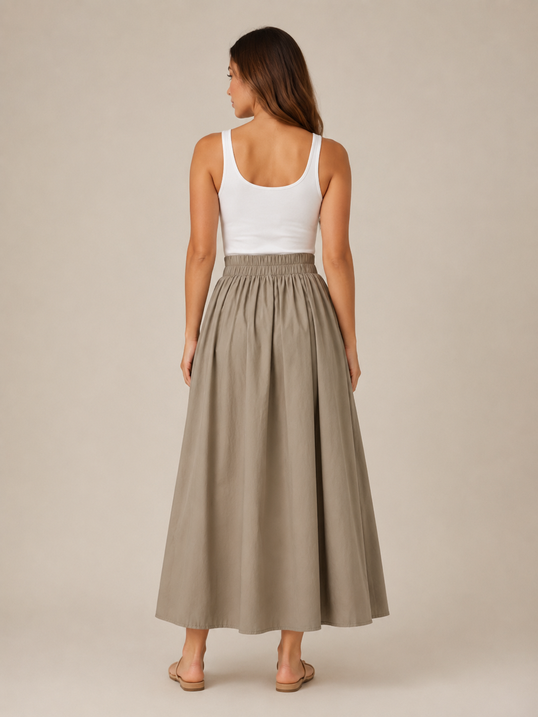 Women’s Elasticated A-Line Midi Skirt – High-Waisted Flowing Design with Soft Pleats and Pockets for Work and Everyday Wear