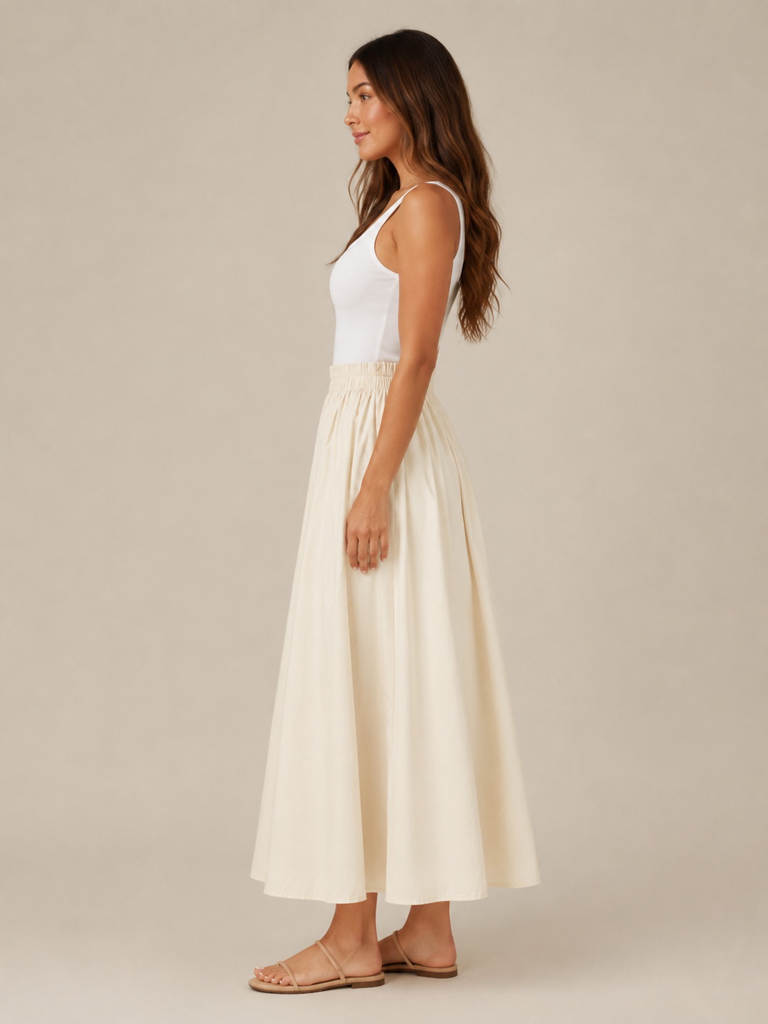 Women’s Elasticated A-Line Midi Skirt – High-Waisted Flowing Design with Soft Pleats and Pockets for Work and Everyday Wear