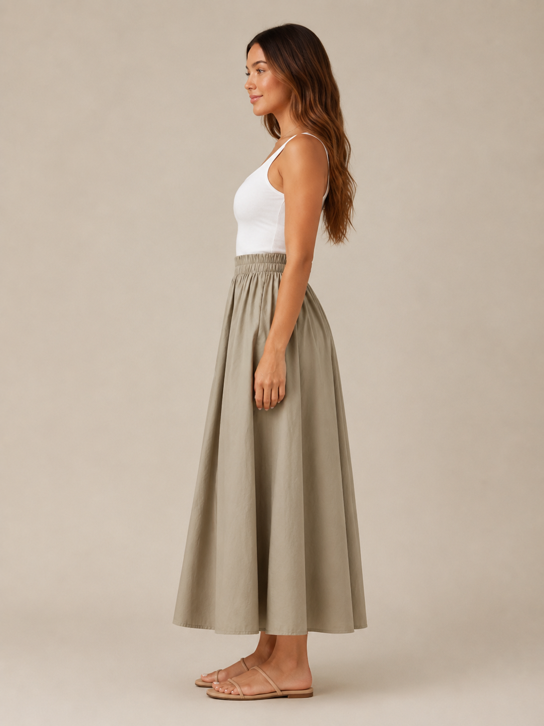 Women’s Elasticated A-Line Midi Skirt – High-Waisted Flowing Design with Soft Pleats and Pockets for Work and Everyday Wear
