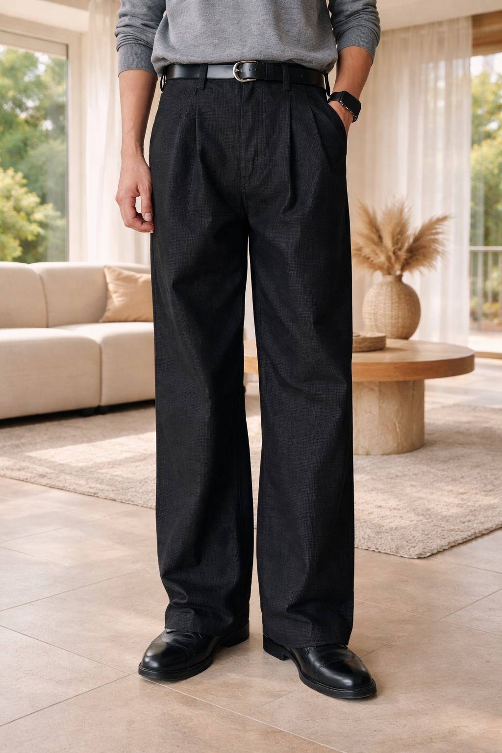 Men’s Pleated Wide Leg Tailored Trousers Relaxed Straight Fit