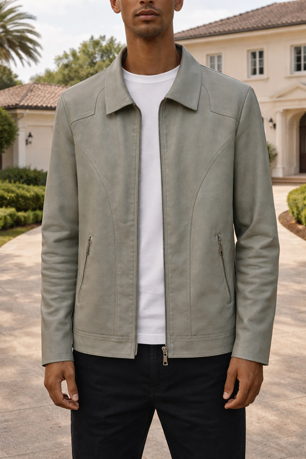Chaqueta de cuero para hombre con cuello clásico y cierre frontal de cremallera
