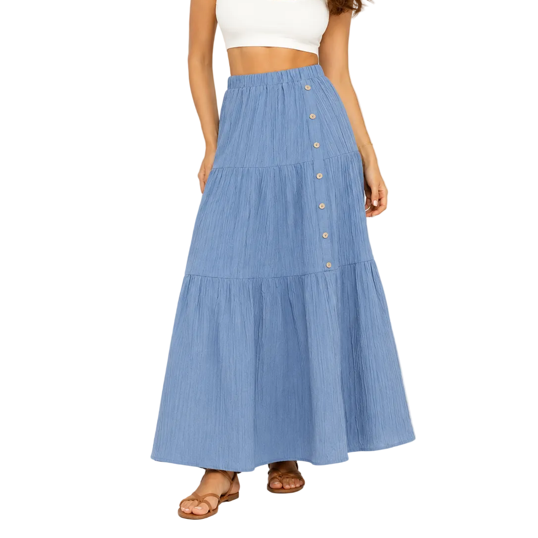 Stufenrock im Boho-Stil für Damen – hochtailliertes, elastisches Design mit Knopfleiste vorne für sommerliche Urlaubsmode