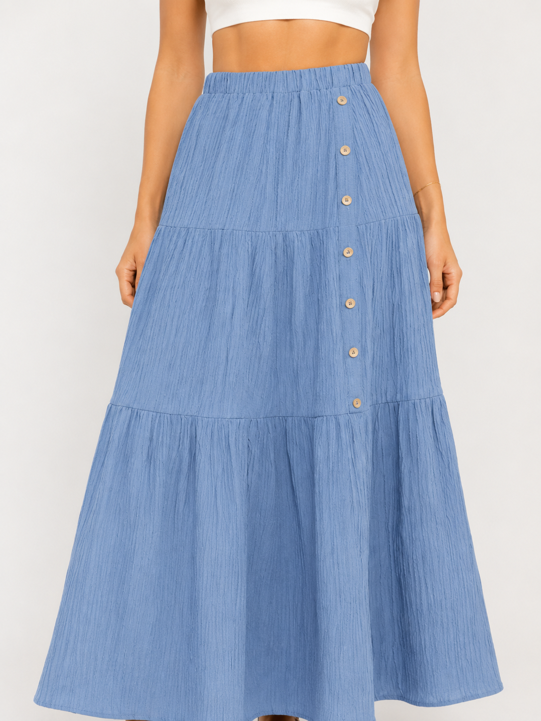 Stufenrock im Boho-Stil für Damen – hochtailliertes, elastisches Design mit Knopfleiste vorne für sommerliche Urlaubsmode