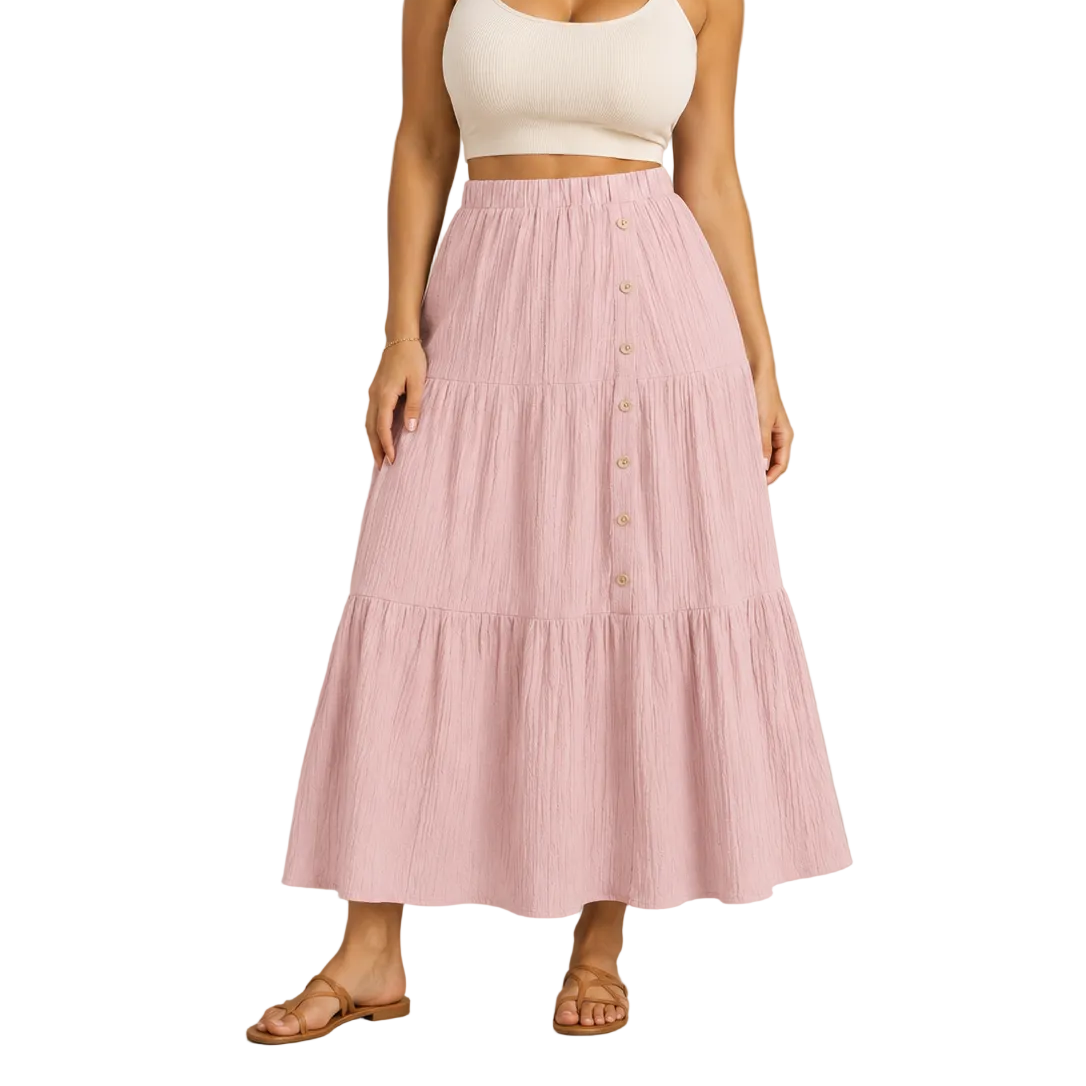 Stufenrock im Boho-Stil für Damen – hochtailliertes, elastisches Design mit Knopfleiste vorne für sommerliche Urlaubsmode