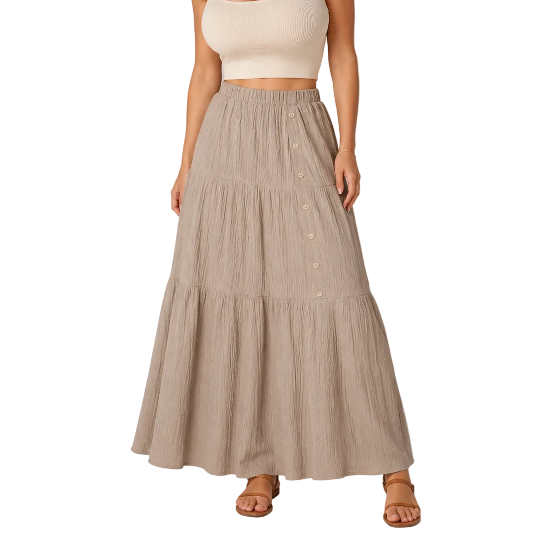Stufenrock im Boho-Stil für Damen – hochtailliertes, elastisches Design mit Knopfleiste vorne für sommerliche Urlaubsmode