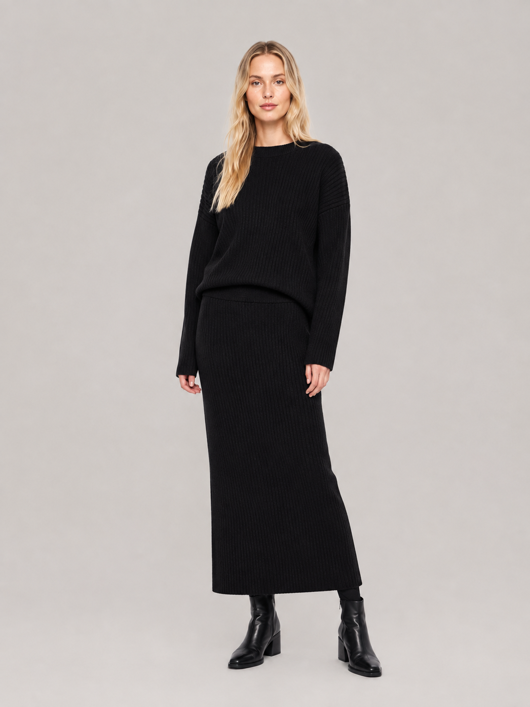 Conjunto de dos piezas de punto acanalado para mujer - Suéter holgado de cuello redondo con falda larga entallada para el otoño