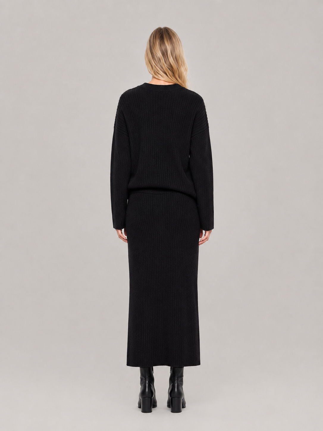 Conjunto de dos piezas de punto acanalado para mujer - Suéter holgado de cuello redondo con falda larga entallada para el otoño