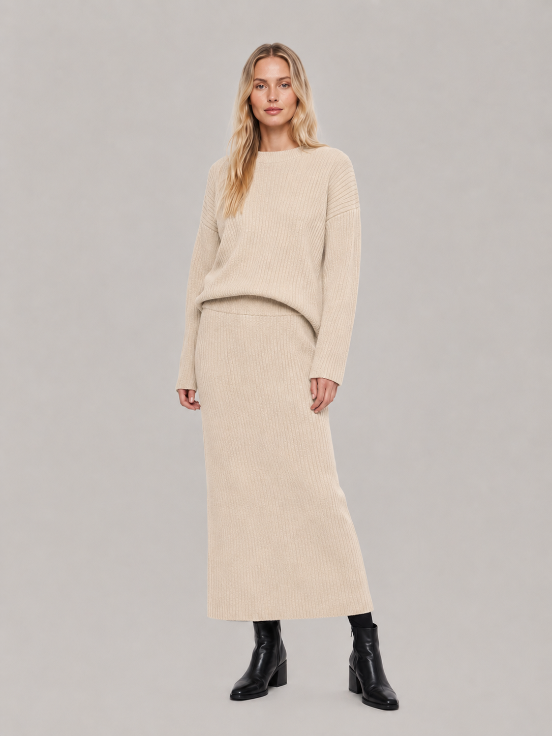 Conjunto de dos piezas de punto acanalado para mujer - Suéter holgado de cuello redondo con falda larga entallada para el otoño