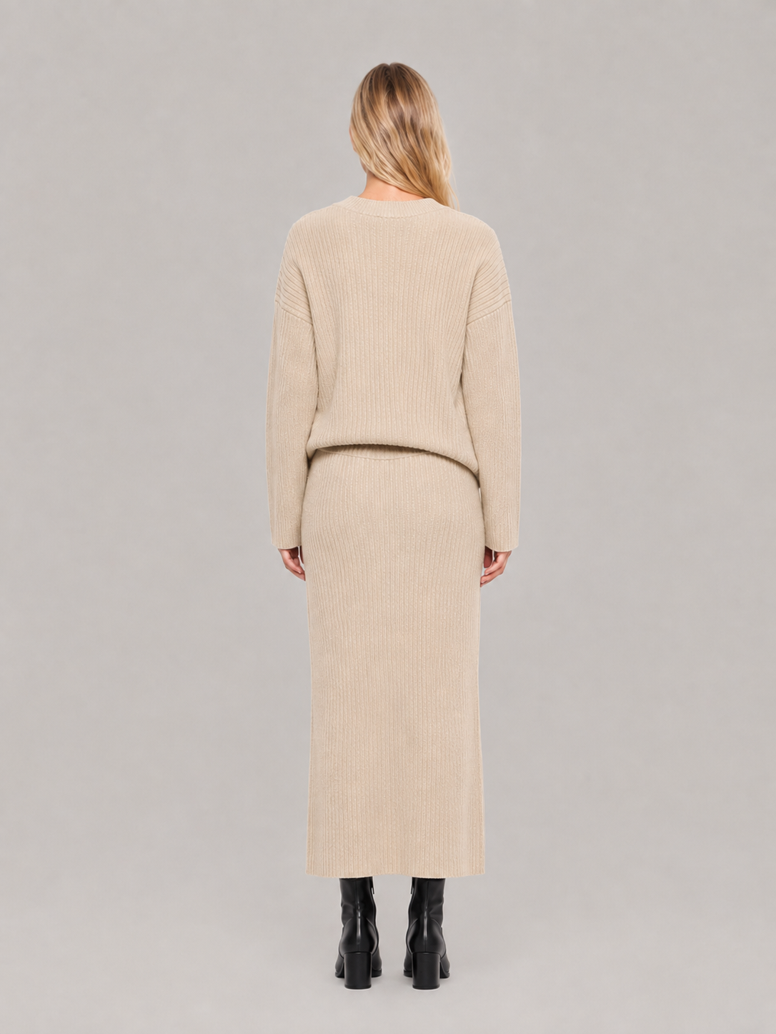Conjunto de dos piezas de punto acanalado para mujer - Suéter holgado de cuello redondo con falda larga entallada para el otoño
