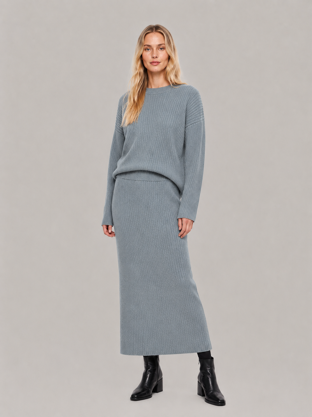 Conjunto de dos piezas de punto acanalado para mujer - Suéter holgado de cuello redondo con falda larga entallada para el otoño