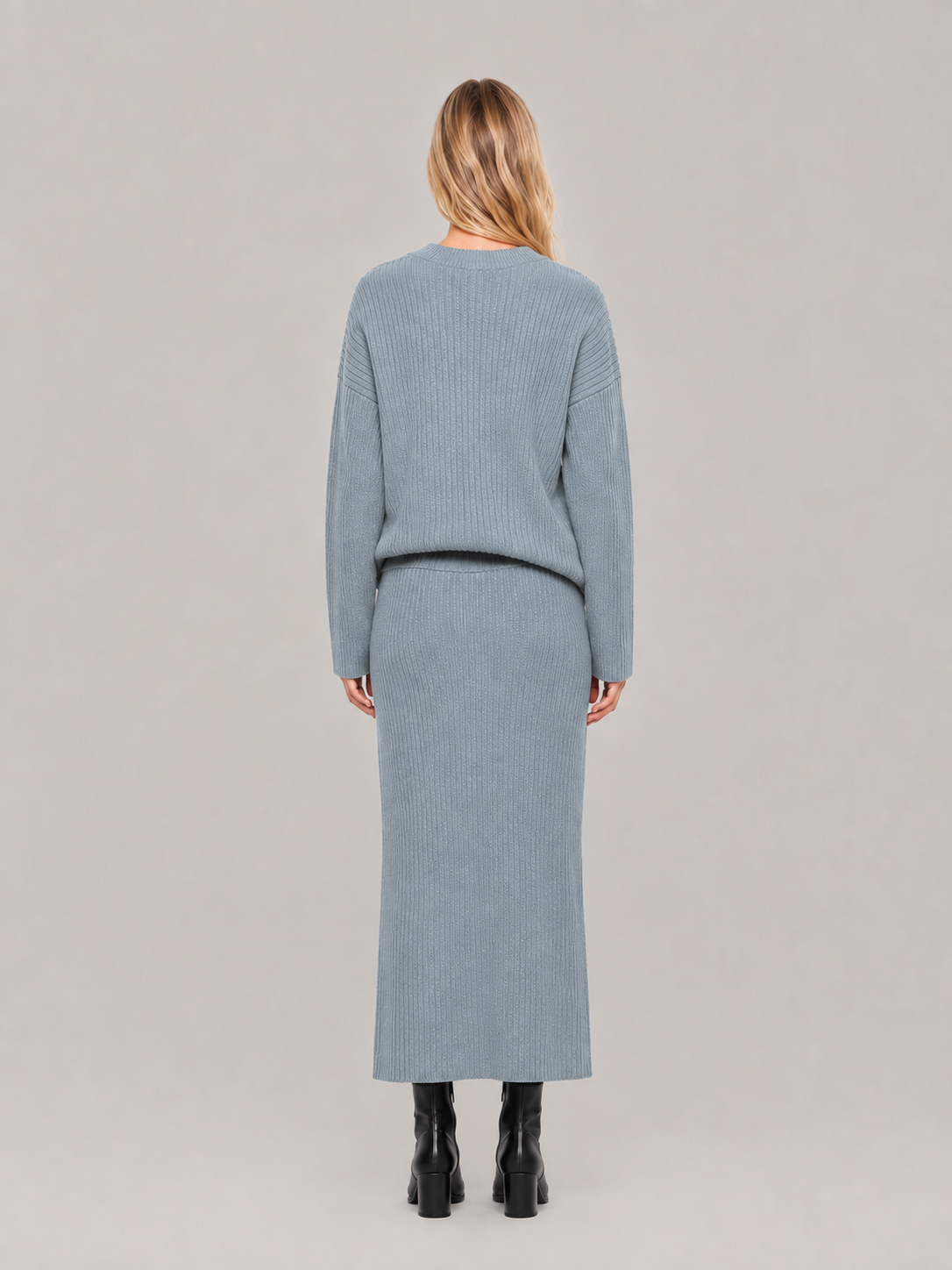 Conjunto de dos piezas de punto acanalado para mujer - Suéter holgado de cuello redondo con falda larga entallada para el otoño