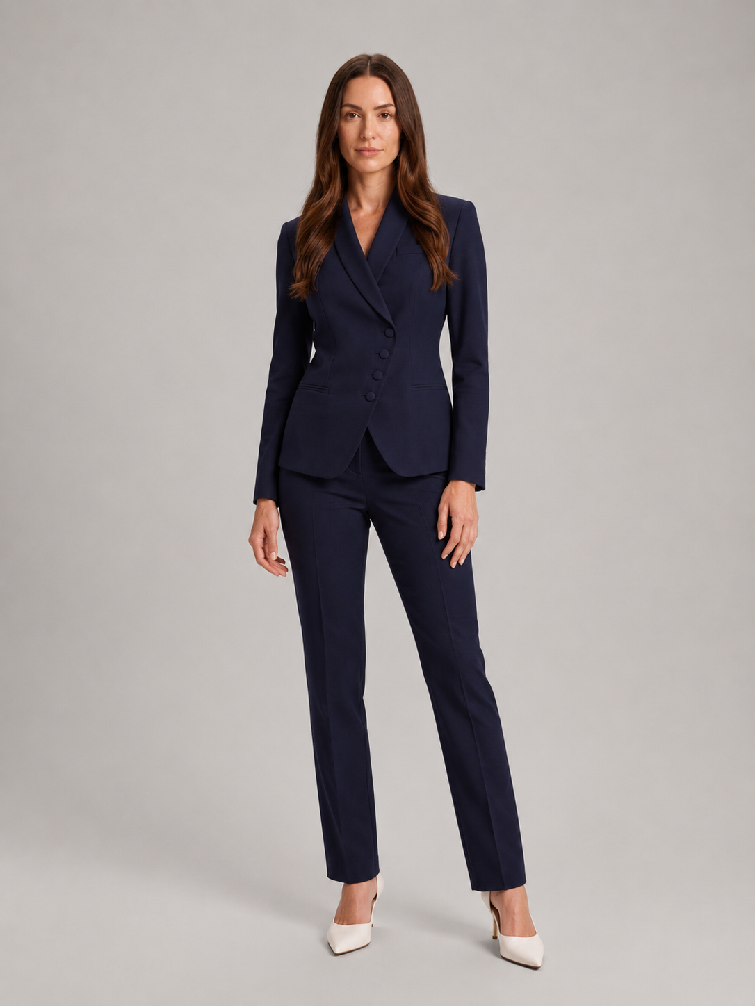 Asymmetrisch damespak met pantalon - Getailleerd jasje met overslag aan de voorkant en pantalon met rechte pijpen voor kantoor en zakelijke kleding