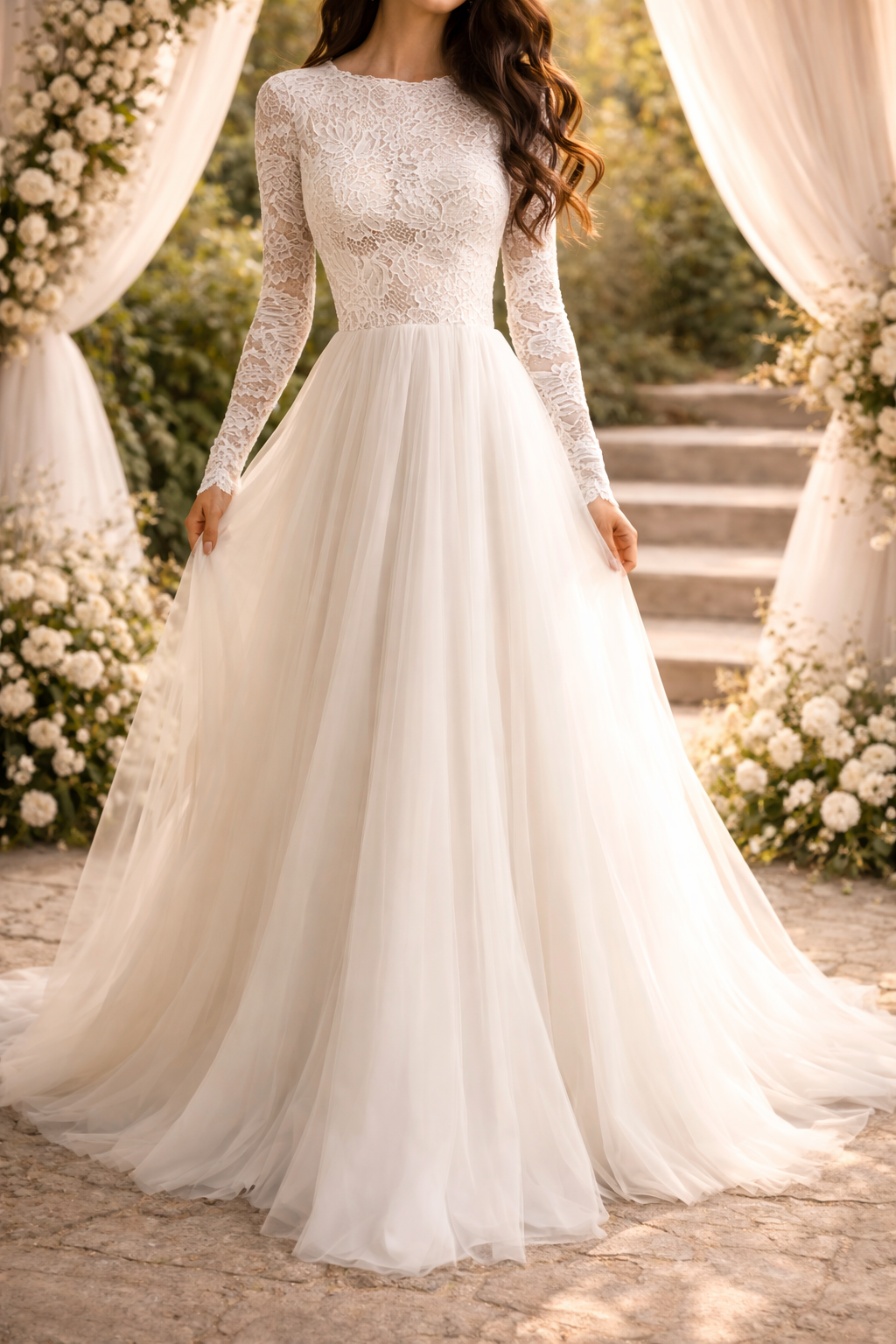 Abito da sposa con corpetto in pizzo e maniche lunghe da donna