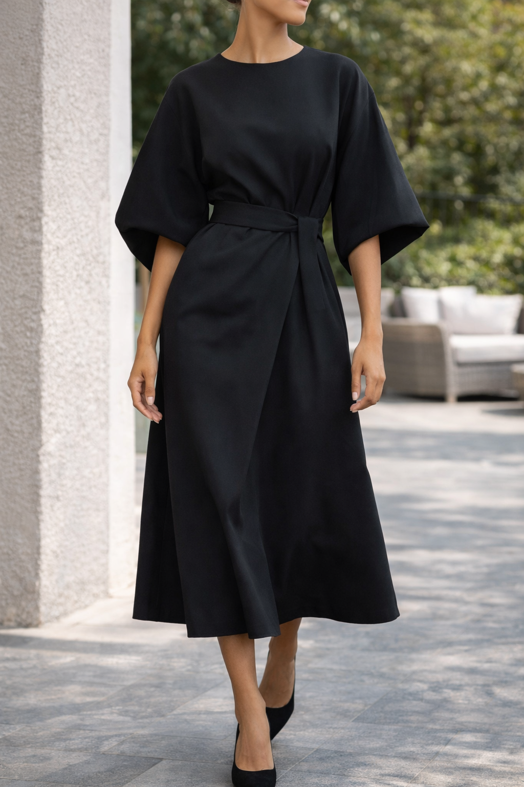 Women’s Belted Midi Dress with Wide Sleeves