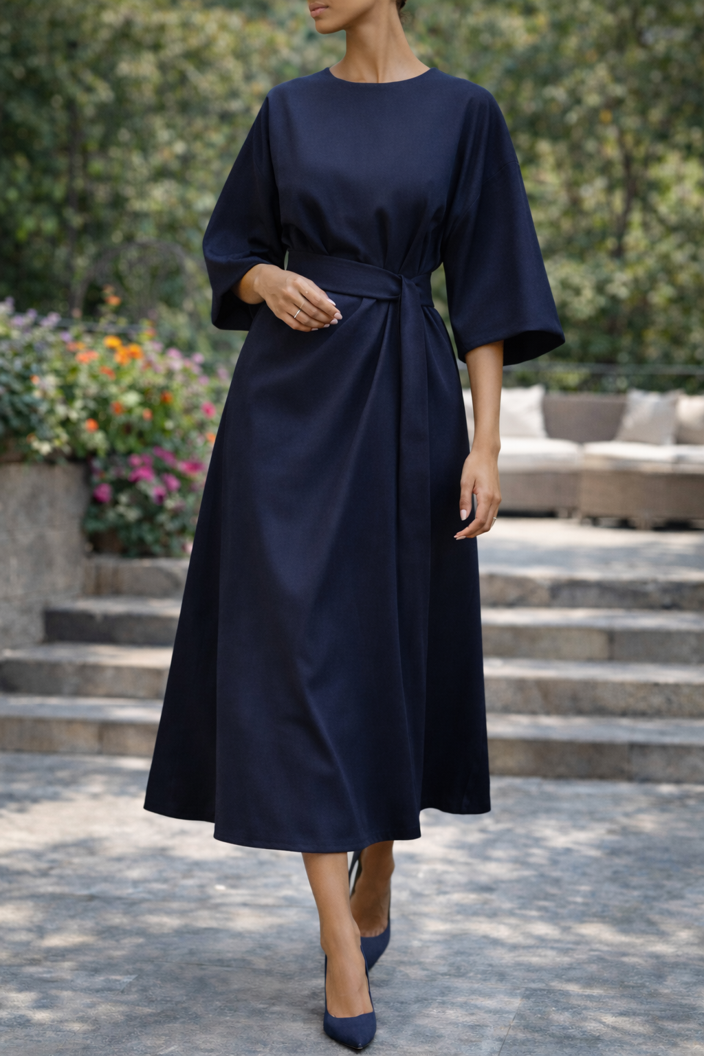 Women’s Belted Midi Dress with Wide Sleeves