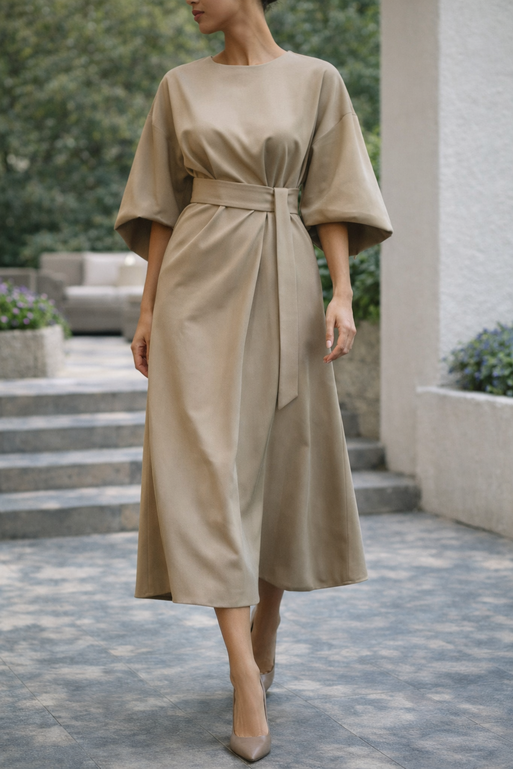 Women’s Belted Midi Dress with Wide Sleeves