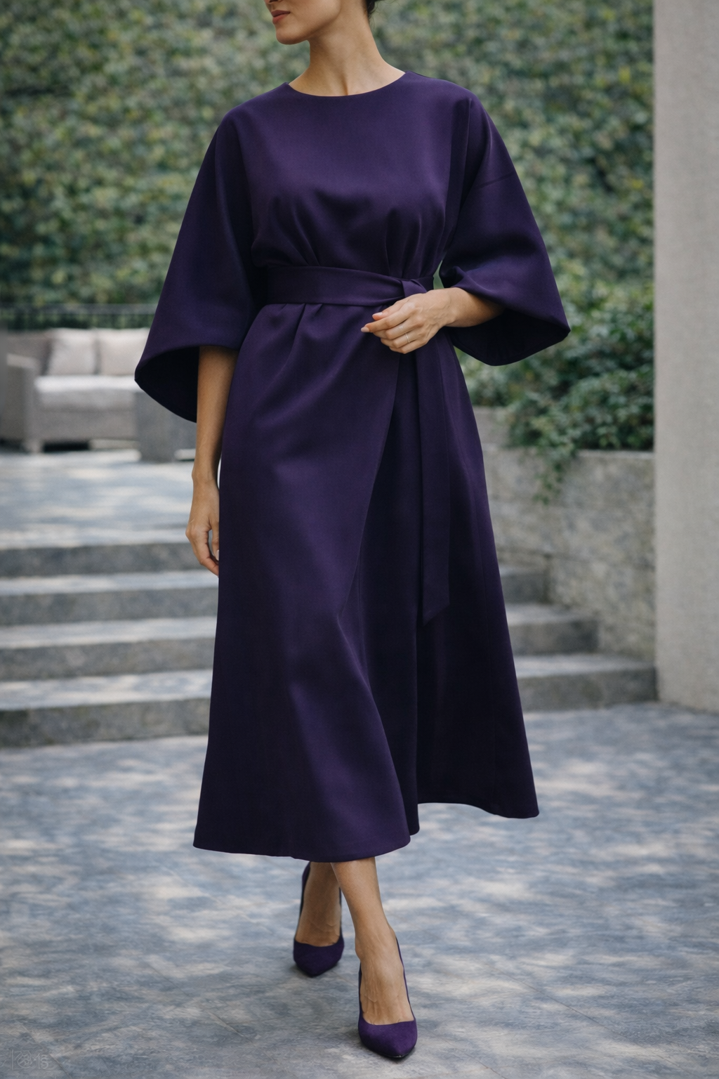 Women’s Belted Midi Dress with Wide Sleeves