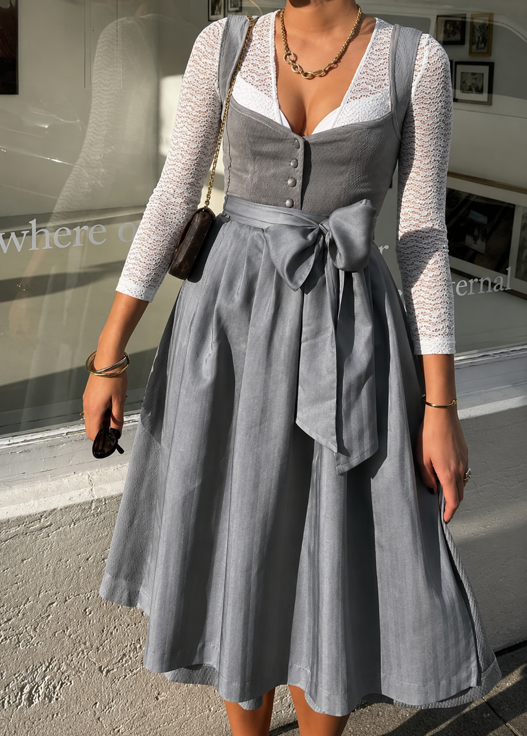 Women’s Lace Sleeve Midi Dress Bow Waist Heritage Style