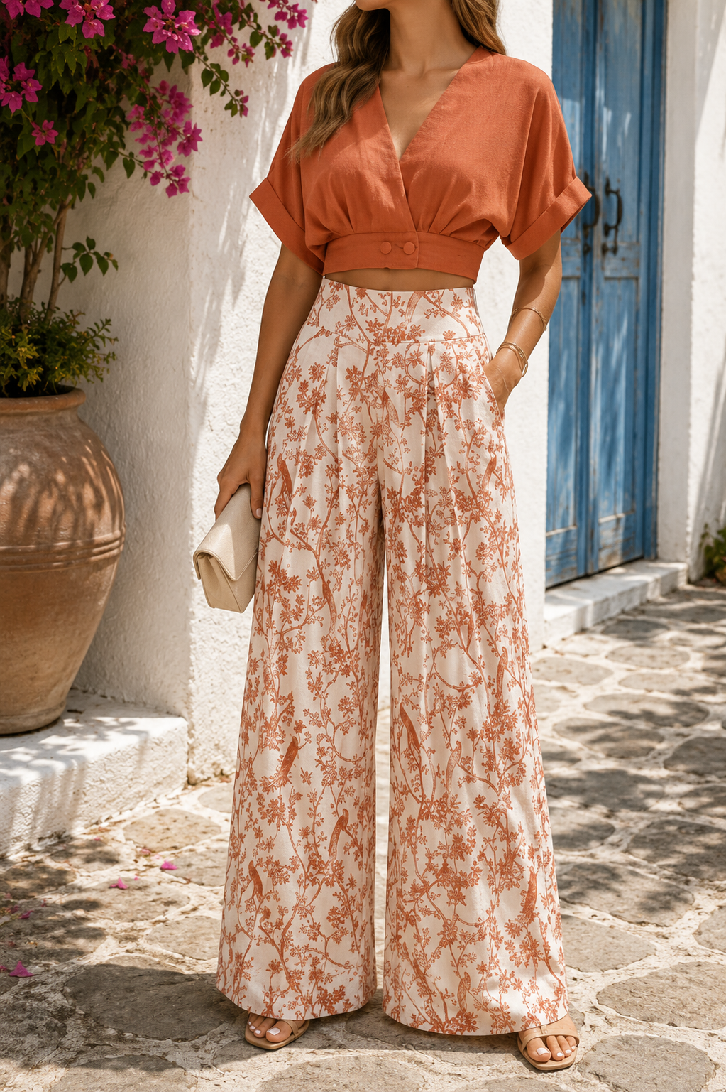 Women’s V-Neck Cropped Top Printed Trouser Set