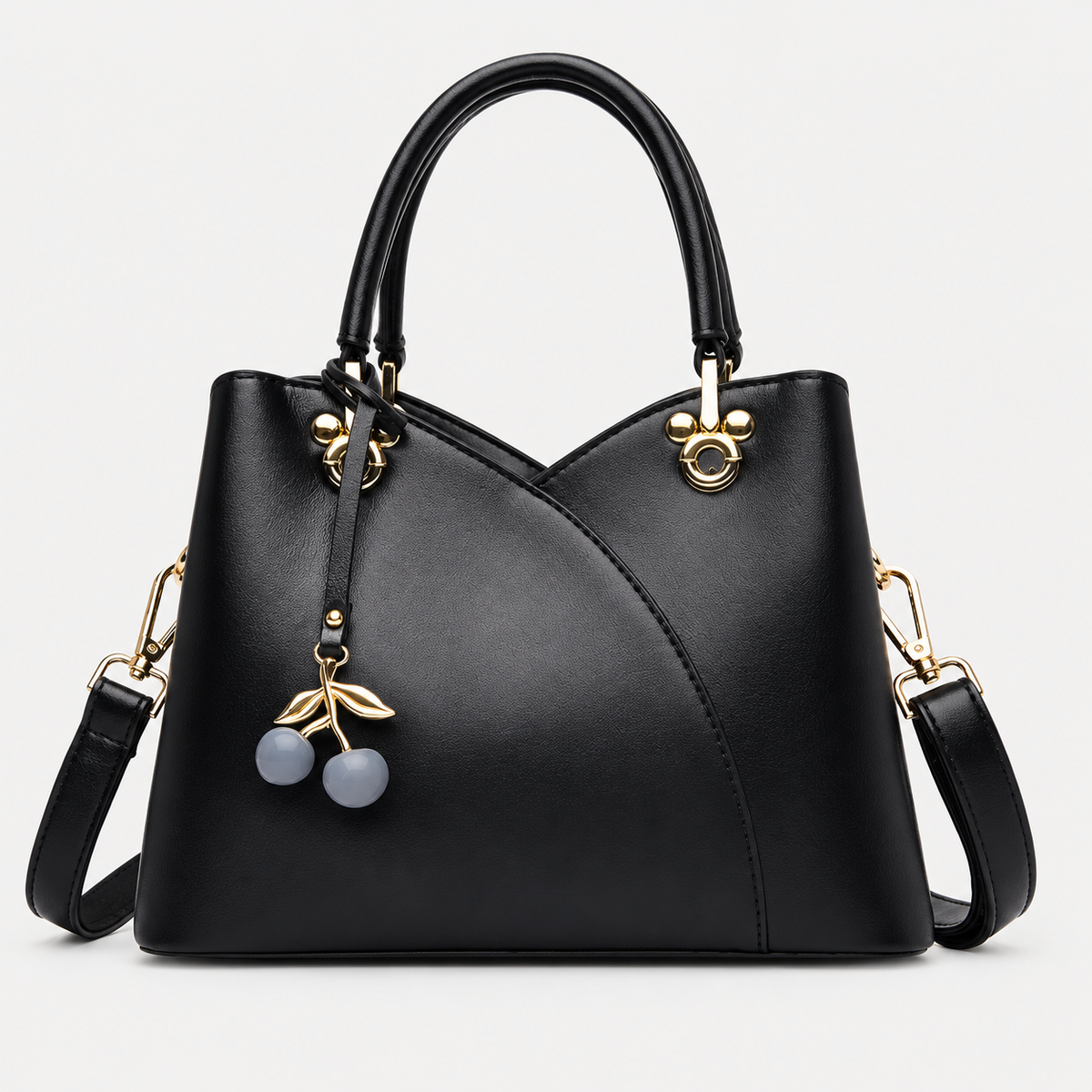 Women’s Structured Handbag – Dual-Handle Shoulder Bag with Detachable Strap and Cherry Charm for Everyday Wear