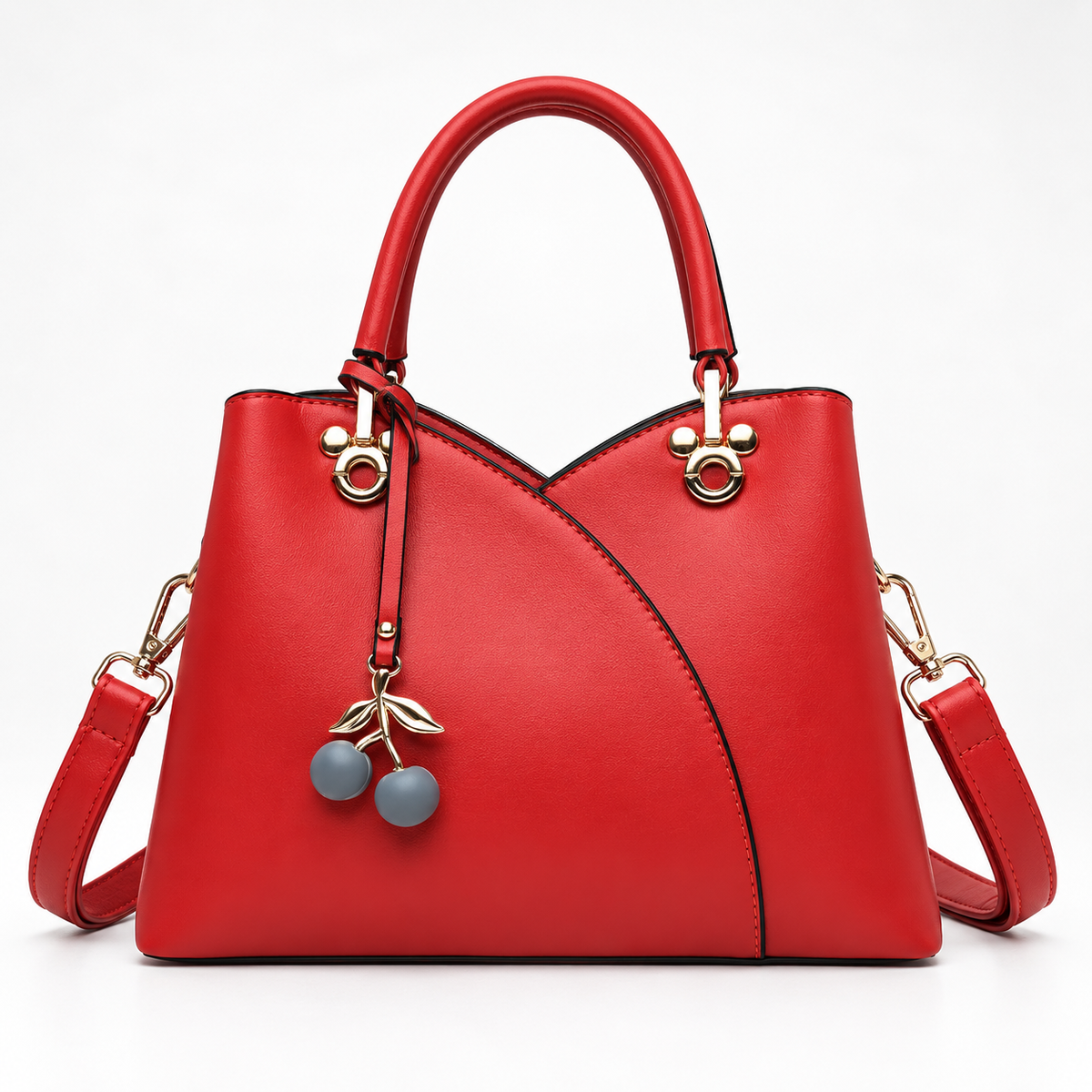 Women’s Structured Handbag – Dual-Handle Shoulder Bag with Detachable Strap and Cherry Charm for Everyday Wear