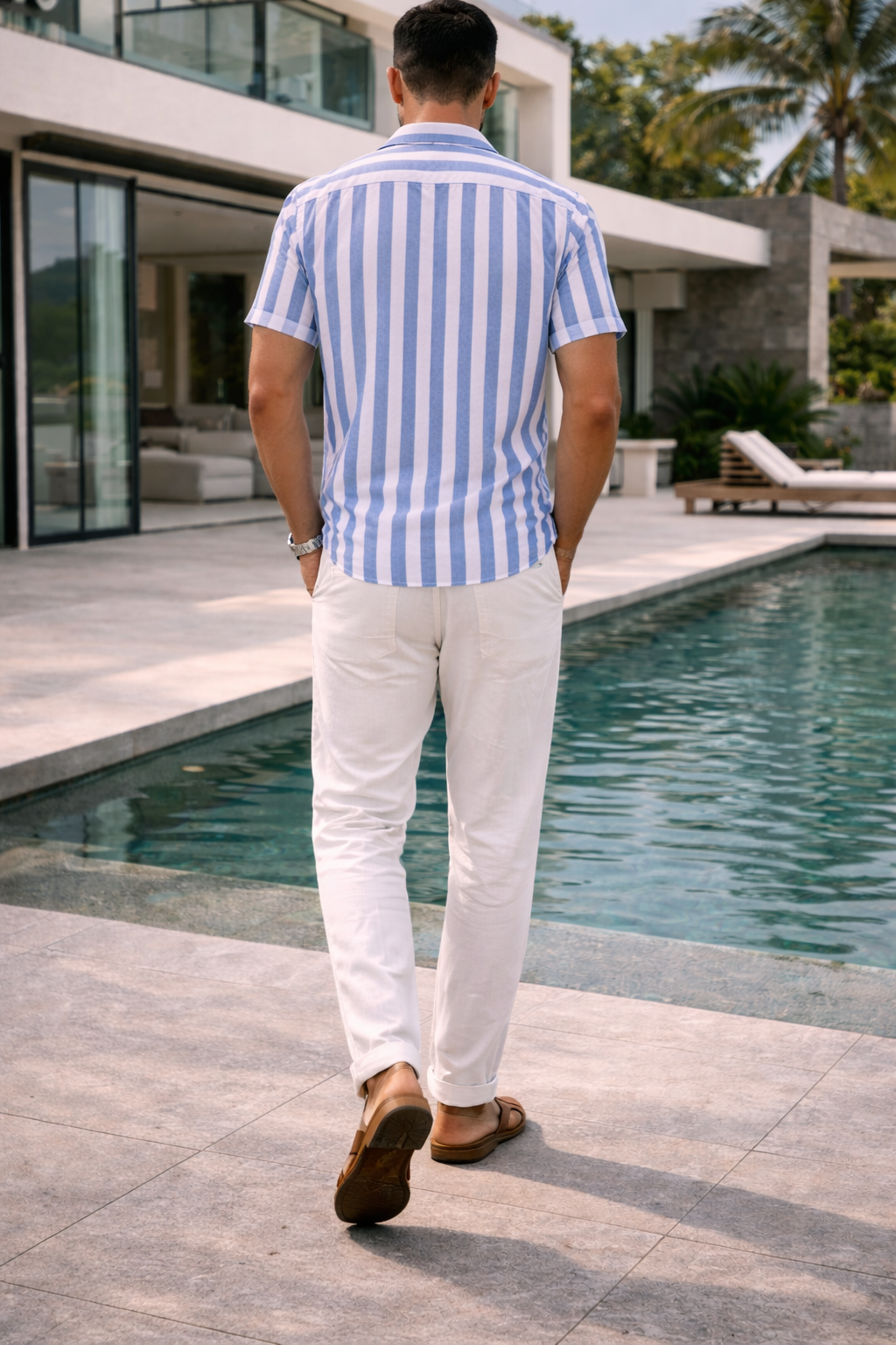Conjunto de dos piezas de lino a rayas para hombre, camiseta de manga corta para verano
