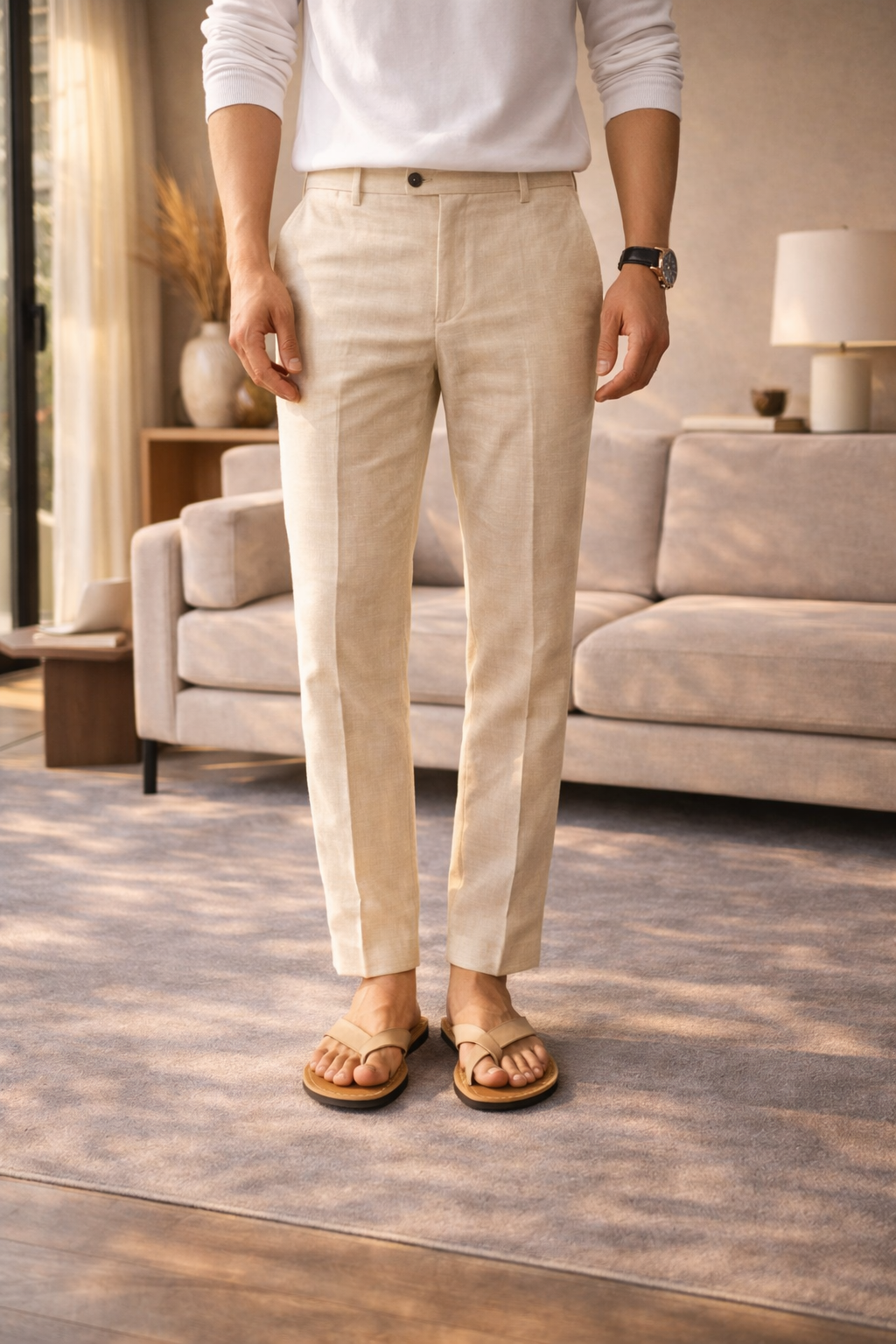 Men’s Linen Blend Tailored Trousers Straight Leg Smart Casual Pants