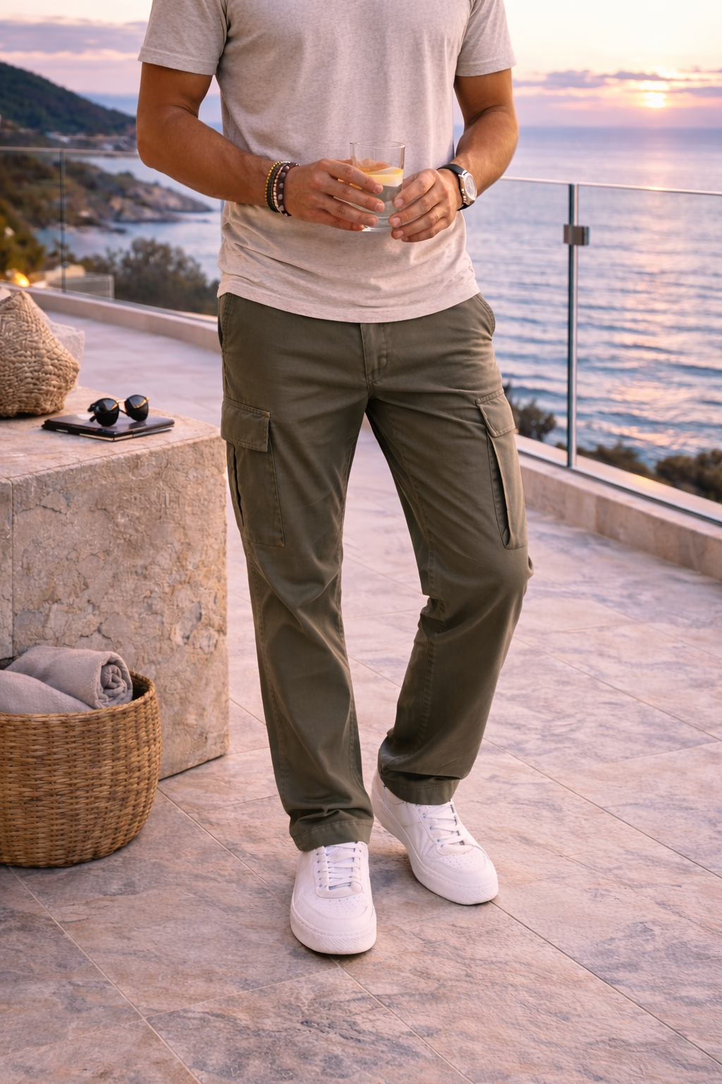 Men’s Cotton Twill Cargo Trousers Straight Leg Utility Casual Pants