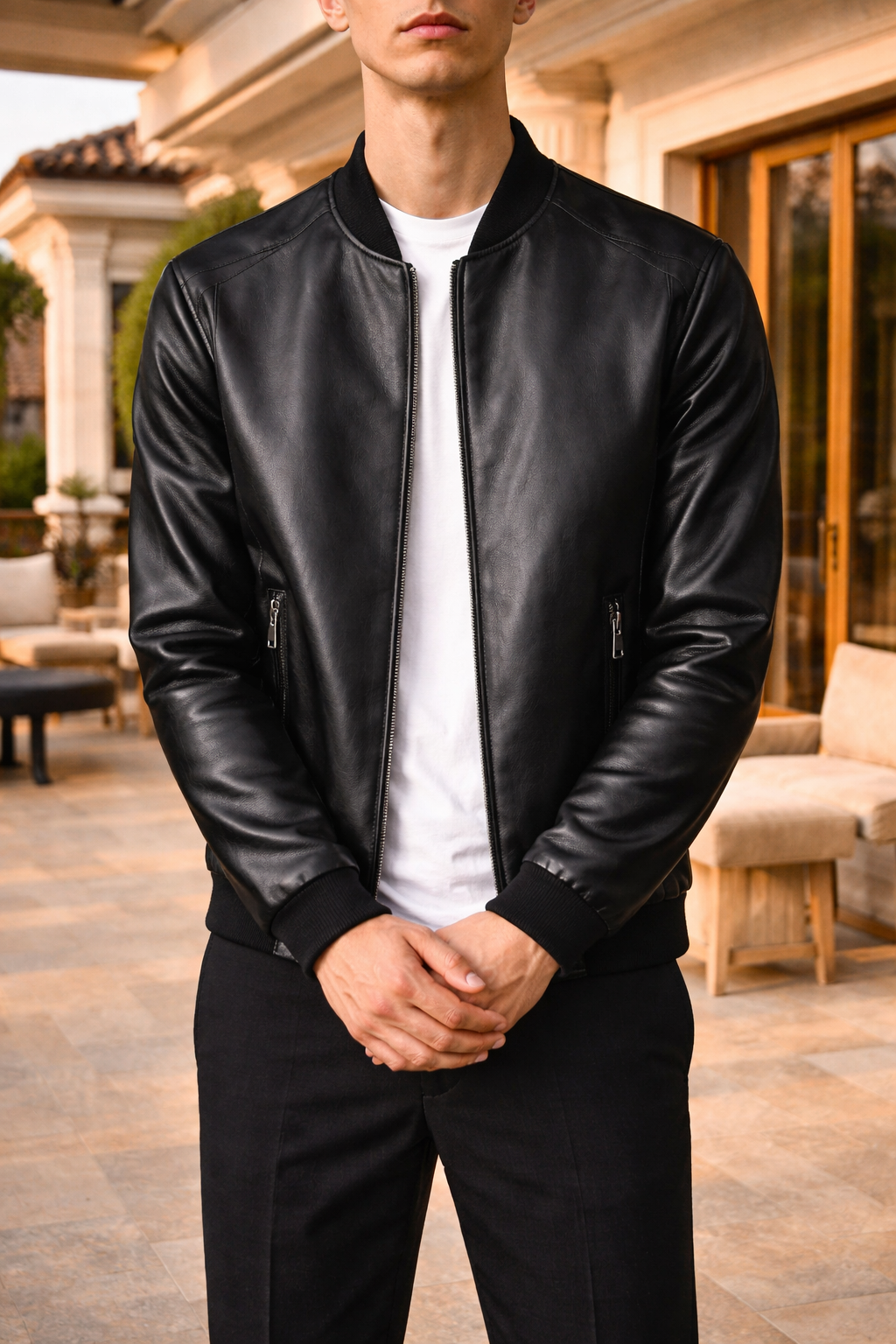 Men’s Leather Bomber Jacket with Rib Trim Zip Front