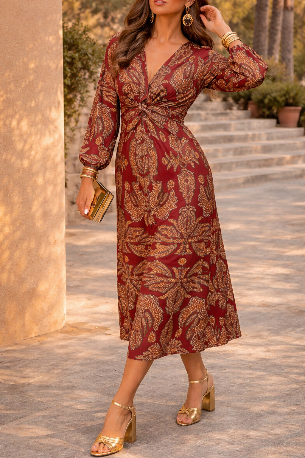 Women’s Long Sleeve Midi Dress with Printed Twist Waist