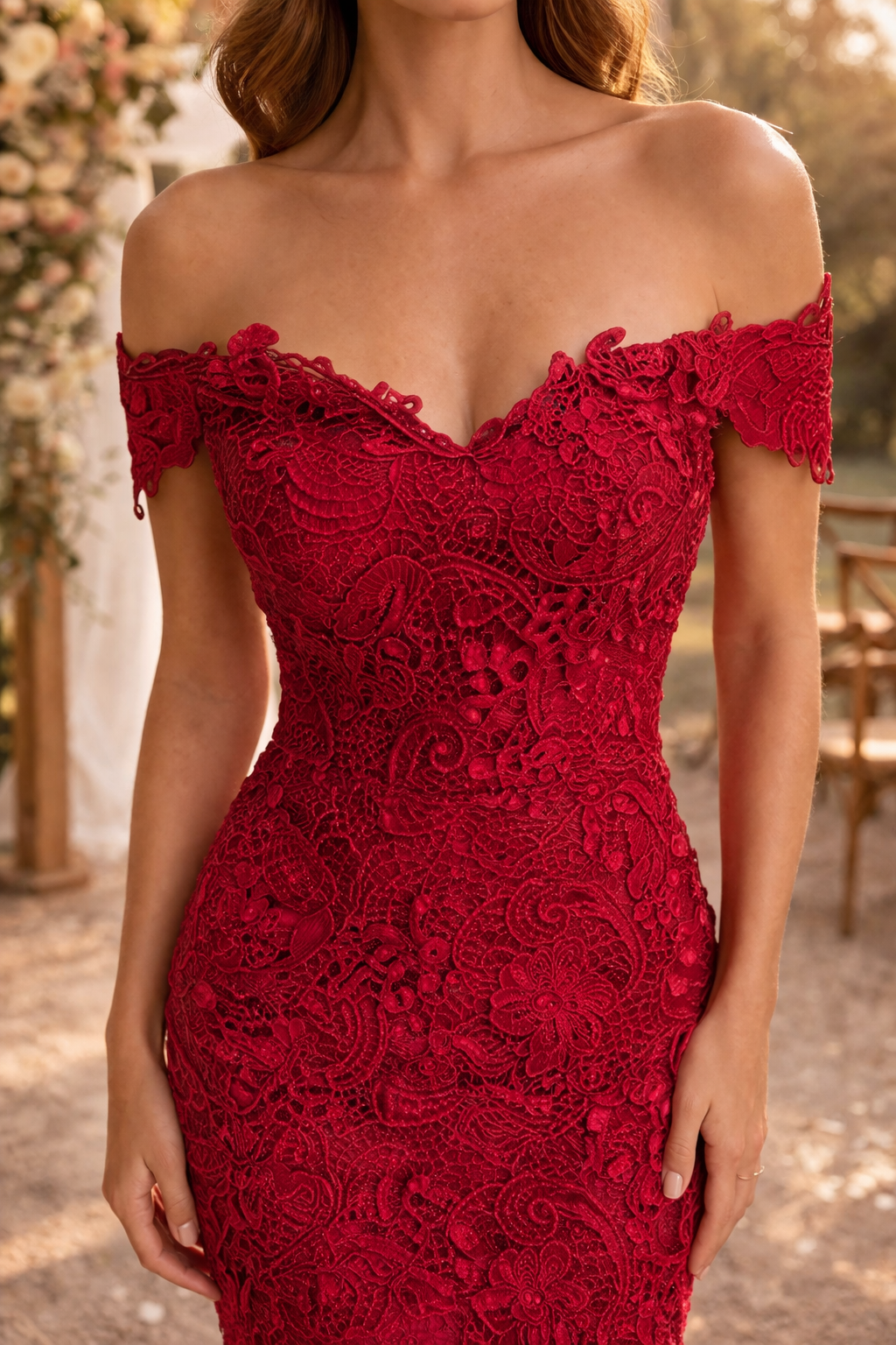 Women’s Off Shoulder Lace Fitted Maxi Wedding Dress