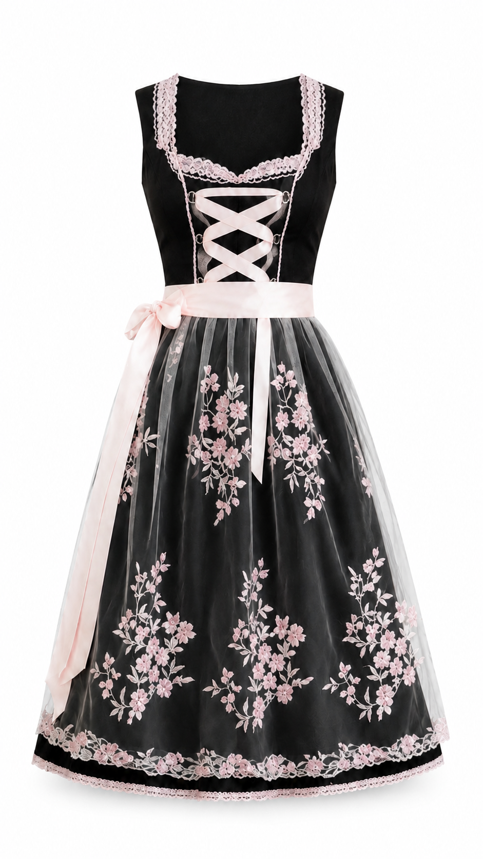 Blumen-Dirndlkleid für Damen – Schnür-Midikleid zum Oktoberfest mit bestickter Schürze