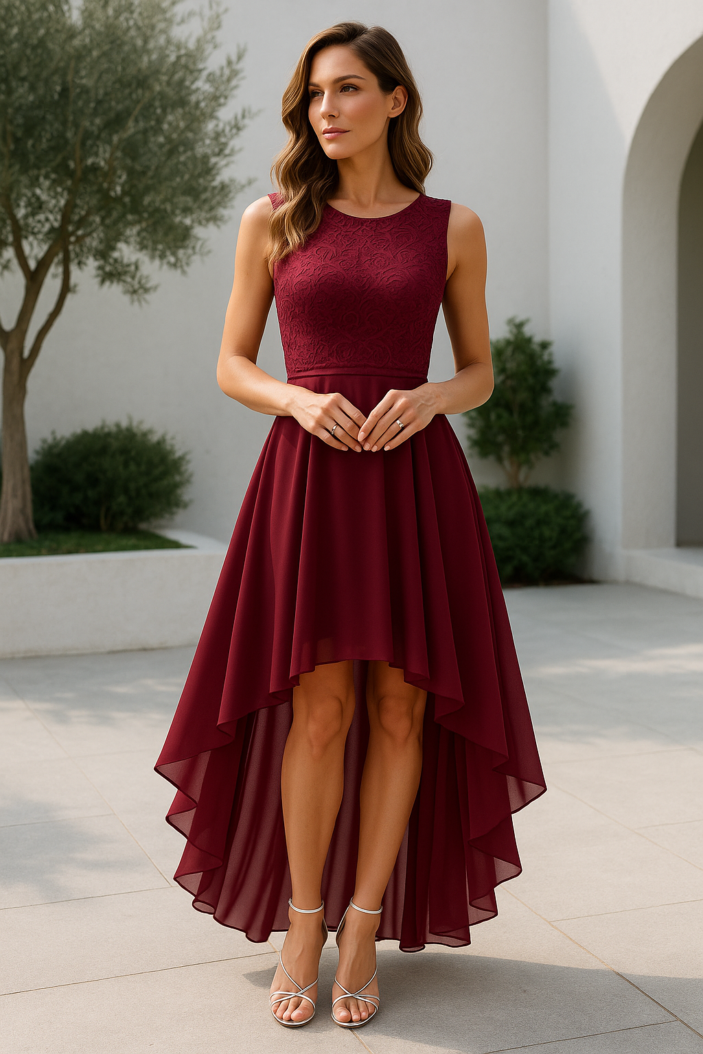 Women’s Asymmetrical High Low Evening Dress Elegant Sleeveless Flowing Party Occasion Dress